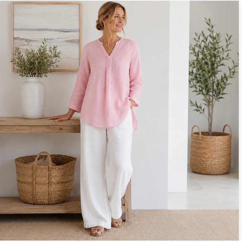 Pink 100% Linen High Low Tunic Top M/L Long Sleeve Lagenlook Coastal Boho
